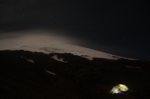 Our tent holding steady as clouds rip across the summit of Cotopaxi