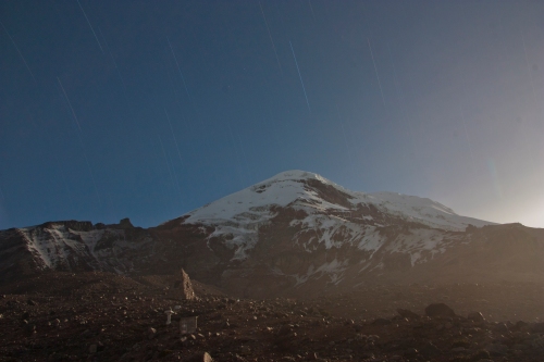 Star Trails behind Chimborazo with a full moon rising on the right