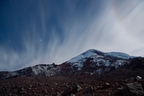 Night exposure of Chimborazo with clouds racing over the summit